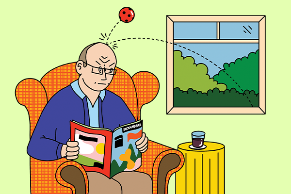 Cartoon of an elderly man reading a magazine on a sofa while a pickleball rebounds off his forehead.