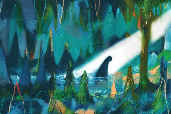 A painting of a lush cave with a lake. Stalagmites and stalactites fill the foreground and background, and a beam of light shines into the middle of the lake over a mysterious figure that resembles the loch-ness monster.