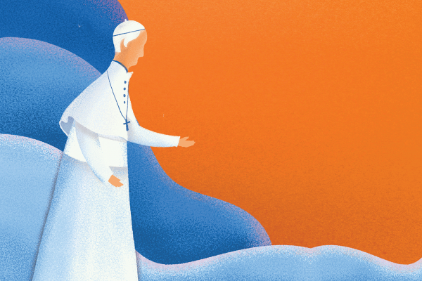 The illustration shows Pope Francis reaching out a hand on an orange background with blue waves