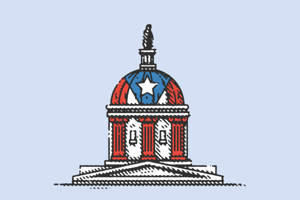 An illustration of the U.S. Capitol building in the colors of a Puerto Rico flag.