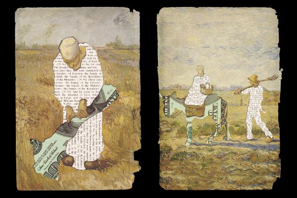 Two pages with frayed edges are placed side to side. The left page depicts a woman plowing in a field, but the tool has been replaced by a partial 100-dollar bill. The right page shows a woman on a horse with a man following her and carrying a pitchfork.