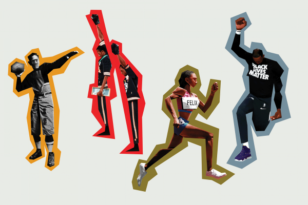 The illustration shows five Black athletes in history, designed in a blocky/collage style and surrounded in a colorful thick outline. 