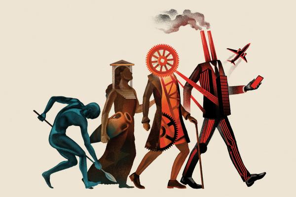 An illustration of four anthropomorphic representations of human revolutions. From left to right, a blue man is digging. A tan woman is holding a vase. An orange figure has a mechanical gear for a head. A man is wearing a suit with smokestacks for a head.