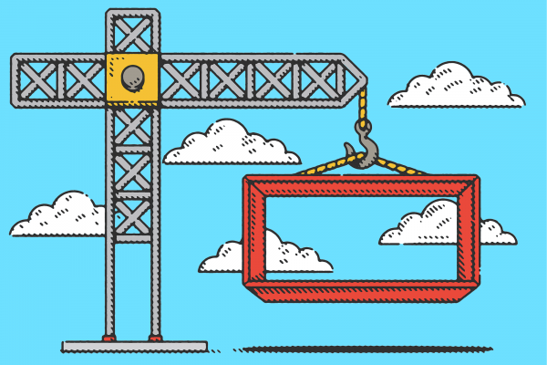 An illustration of a cross-shaped crane lifting an orange box into the sky
