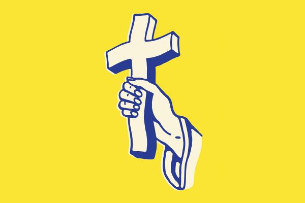 An illustration with a bright yellow background of a white robed arm with blue outlining. The hand thereof is holding the lower portion of a cross that's uneven and bendy in shape.
