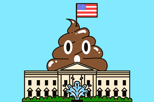 Illustration of a poop emoji on top of the White House with a flag coming out of the top of the swirl.