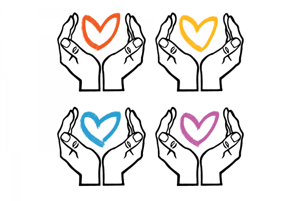 Illustration of hands holding drawings of hearts.