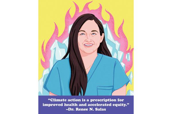 An illustration of Renee N. Salas, a professor and physician at Harvard Medical School. She is wearing light blue scrubs and has long brown hair and blue eyes. An iceberg enveloped in a hot pink flame is behind her.