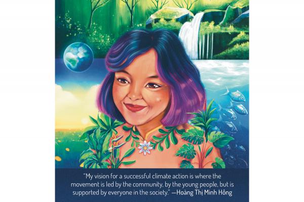 An illustration of Vietnamese climate activist Hoang Thi Minh Hong. She has blue and purple-dyed hair. In the background, a small earth and grassy field at sunrise is to the left, a forest river and waterfall above her, and fish in the sea to the right.
