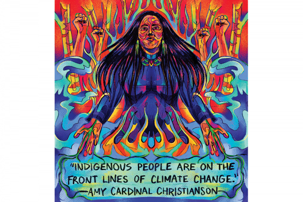 Surreal illustration of an Indigenous woman with dark hair and a purple dress. The bottom and sides of the image are covered by cartoon water in shades of green, blue, and purple, and the top of the image features raised fists in orange, yellow, and red.