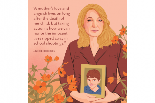 An illustration of Nicole Hockley holding a picture of her deceased son as she stands among orange flowers. A quote from her about taking action in the wake of loss is beside her.