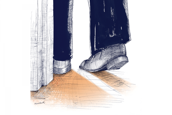 Illustration of someone's feet as they walk out a door.