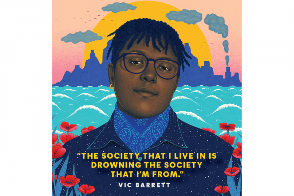 An illustrated portrait of Vic Barrett, a young Honduran climate activist. In the background are mountain silhouettes at sunset and ocean water.