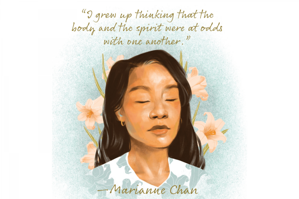 An illustration of poet Marianne Chan with her eyes closed and flowers behind her head