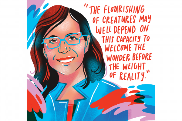 An illustration of Mayra Rivera. She has dark brown hair and glasses and is smiling, with a quote that says, "The flourishing of creatures may well depend on this capacity to welcome the wonder before the weight of reality."