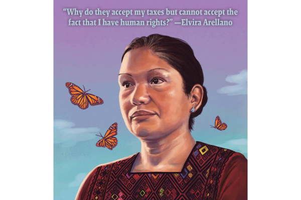 The image shows Elvira Arellano, a hispanic advocate for undocumented immigrants. There are monarch butterflies circling her head. 