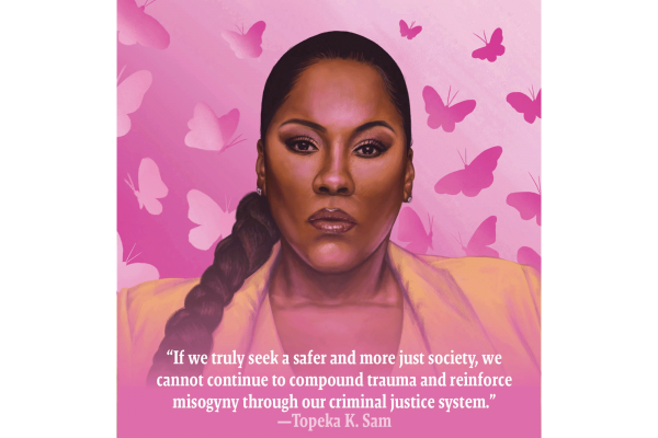 The illustration shows Topeka K. Sam, a black woman wearing a yellow blazer and with a braid. She is on a pink background with butterflies.