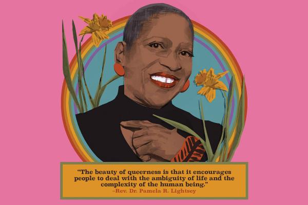 Illustration of Pamela R. Lightsey, a black lesbian Methodist elder. She has a shaved head and is smiling with red lipstick. She wears a black shirt, red earrings, and red bangles with black stripes. She is framed by a rainbow circle and yellow lilies.