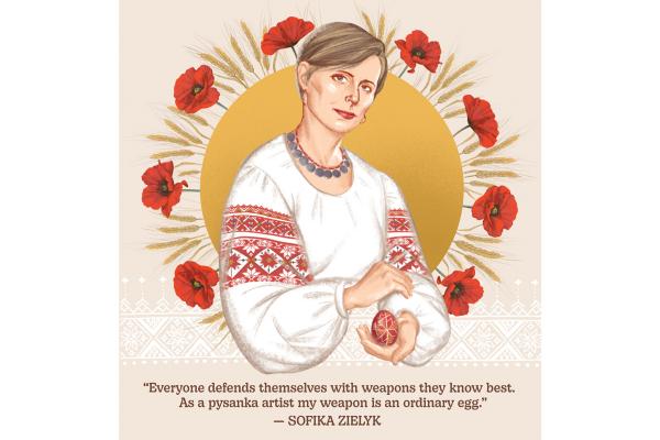 An illustration of a woman named Sofika Zielyk. She has short blonde hair with sideswept bangs is wearing a white dress that has intricate red patterning and loose sleeves. A yellow circle is behind her with red flowers around the circumference.