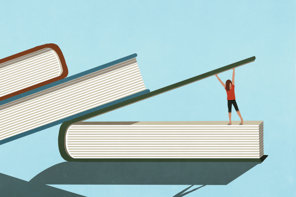 The illustration shows a little person lifting up the cover of a giant book, which other books are stacked on top of. It is on a light blue background. 