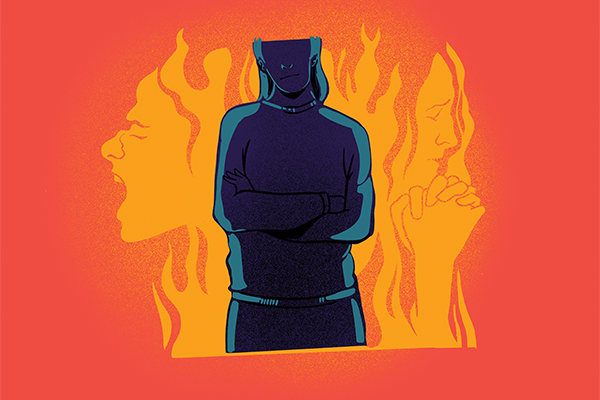 Illustration of two women painted by flames, with a shadowed outline of a third woman in front crossing her arms.