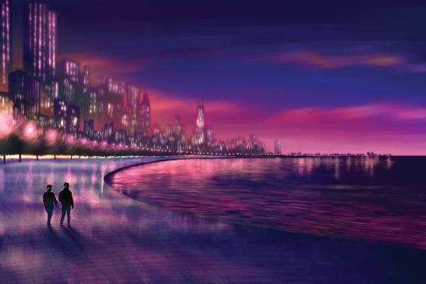 A painterly illustration of two people walking along the edge of a lake on a wide iridescent pathway at night. A cityscape is behind them to the left, and a purple-blue and pink horizon to the right, casting the whole illustration in these two colors.