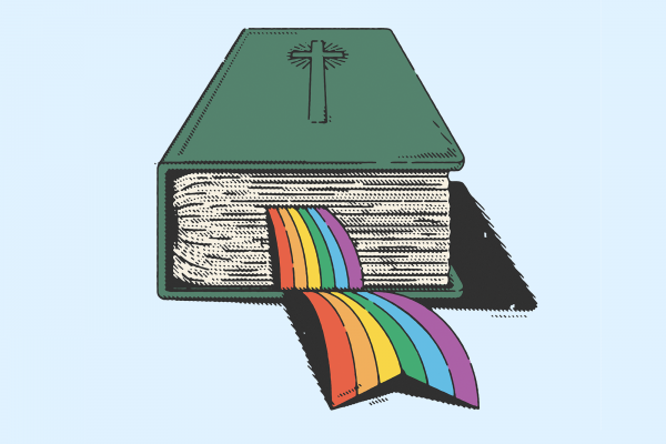 An illustration of a Bible with a rainbow pride flag bookmark poking out of the pages.