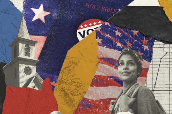 The image is a collage of a red, white, blue, gray and white scraps of paper depicting Latino Americans, churches, and American symbols. 