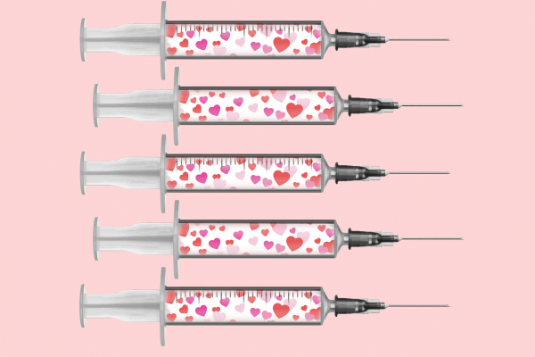 Illustration of vaccine vials with pink and red hearts.