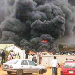 Smoke billows from Christ the King Catholic Cathedral in Zaria, Nigeria.