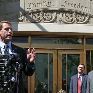 Perkins speaks to reporters outside FRC's headquarters in Washington, D.C.