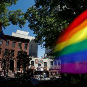 Rainbow flag outside of Stonewall Inn