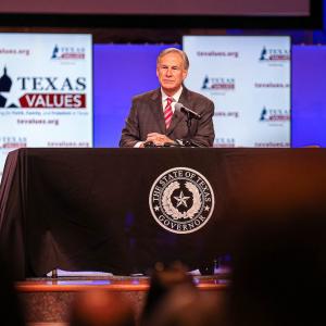 Texas Gov. Greg Abbott delivering address at Great Hills Baptist Church in Austin, Texas