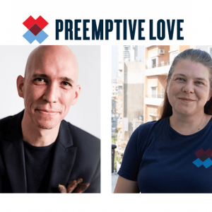 Headshots of Jeremy Courtney and Jessica Courtney, and the Preemptive Love logo. Screengrabs from Preemptive Love website.