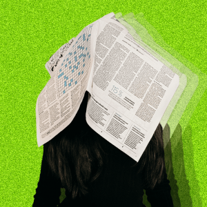 A blurred newspaper covers the head of a figure standing on a green background.