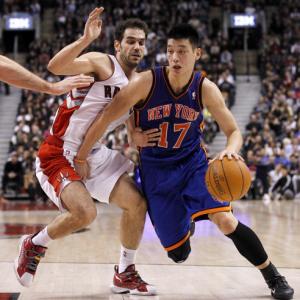 Jeremy Lin drives to the basket against the Toronto Raptors, Feb. 14, 2012. Phot