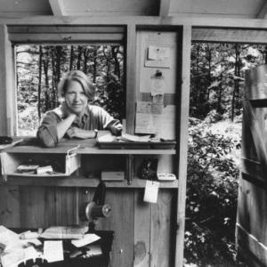Author Annie Dillard, standing in her writing shed, 1987. By Getty Images. 