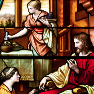 Stained glass of Jesus, Mary, and Martha. Photo courtesy Odyssey Networks.