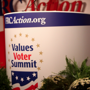 Speaker's podium at the Values Voters Summit, where the Emergent Church will be 