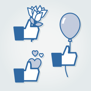 Rendering of Facebook 'like' symbols with flowers and love. Illustration courtes