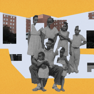 The image is a collage with a yellow background with rectangles showing the sides of an apartment building. In the middle is a black and white image of a Black family of seven. 