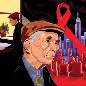 Illustration of peace activism Dan Berrigan's face. He is wearing a golf cap and behind him is the New York City skyline with a red ribbon for AIDS awareness.