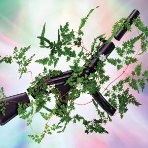 An MP5 submachine gun is shown being taken apart by and entangled in plant stems with green leaves.