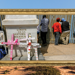 Image of people conversing through the iron border wall at the U.S.-Mexico border floating in a golden frame, overlayed on top of an image of the borderlands.