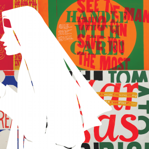 A collage of Corita Kent's artwork with an silhouette depiction of her in her nun's habit.