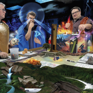 The image shows a group of people playing a game of dungeons and dragons, and half of the image is animated to show an alternative world. 