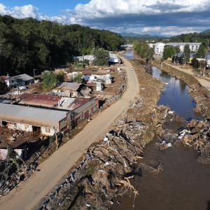 An aerial view of flood damage following Hurricane Helene in Asheville, N.C.