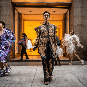 Activists perform an artistic intervention against a fast fashion retailer to raise awareness and make visible about the damage generated by the textile industry. Photo: Alejo Manuel Avila / SOPA Images/Sipa USA