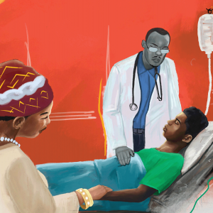 The illustration shows a man Black man dying with a doctor at his bedside. There is also a woman holding the dying man's hand. 