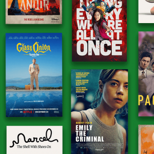 Images of TV and movie posters are tiled against a green background.